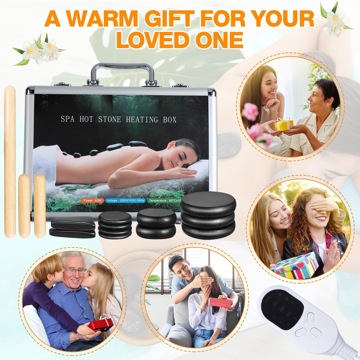 Yunsailing Hot Stones Massage Set with Warmer Kit Hot Rocks Massage Heater Kit with Adjustable Temperature Basalt for Home Spa, Pain Relief, and Relaxation (11 Stones and 3 Sticks)