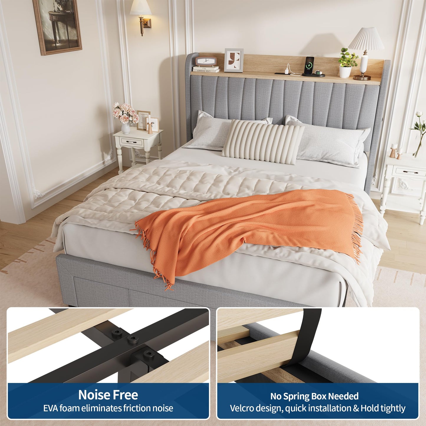 Queen Size Upholstered Platform Bed Frame with Storage Headboard and Charging Station (2 USB & AC), Drawers, Uniform Wood Slats, No Box Spring Needed, Noise-Free, Easy Assembly, Light Gray