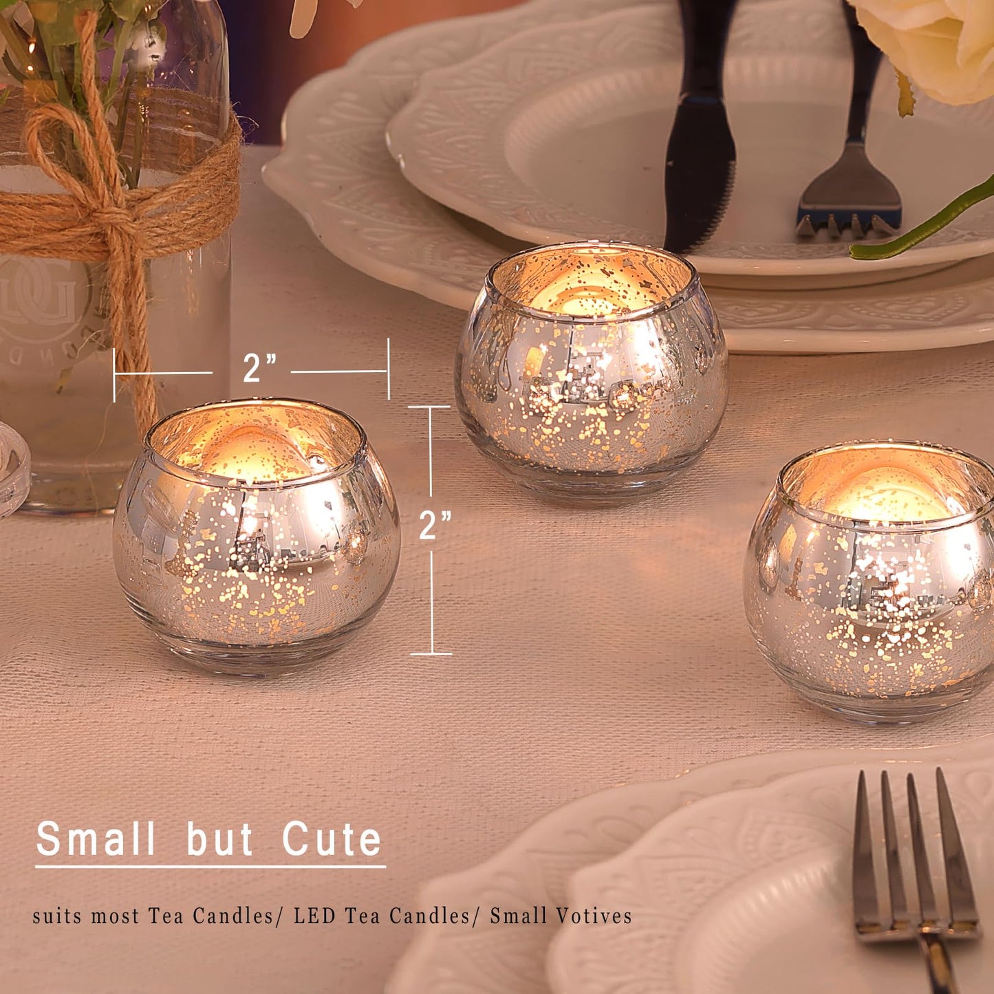LAMORGIFT Silver Votive Candle Holders Set of 12 - Mercury Glass Votives Candle Holder - Christmas Tealight Candle Holder for Home Decor and Weddings/Parties Table Centerpieces