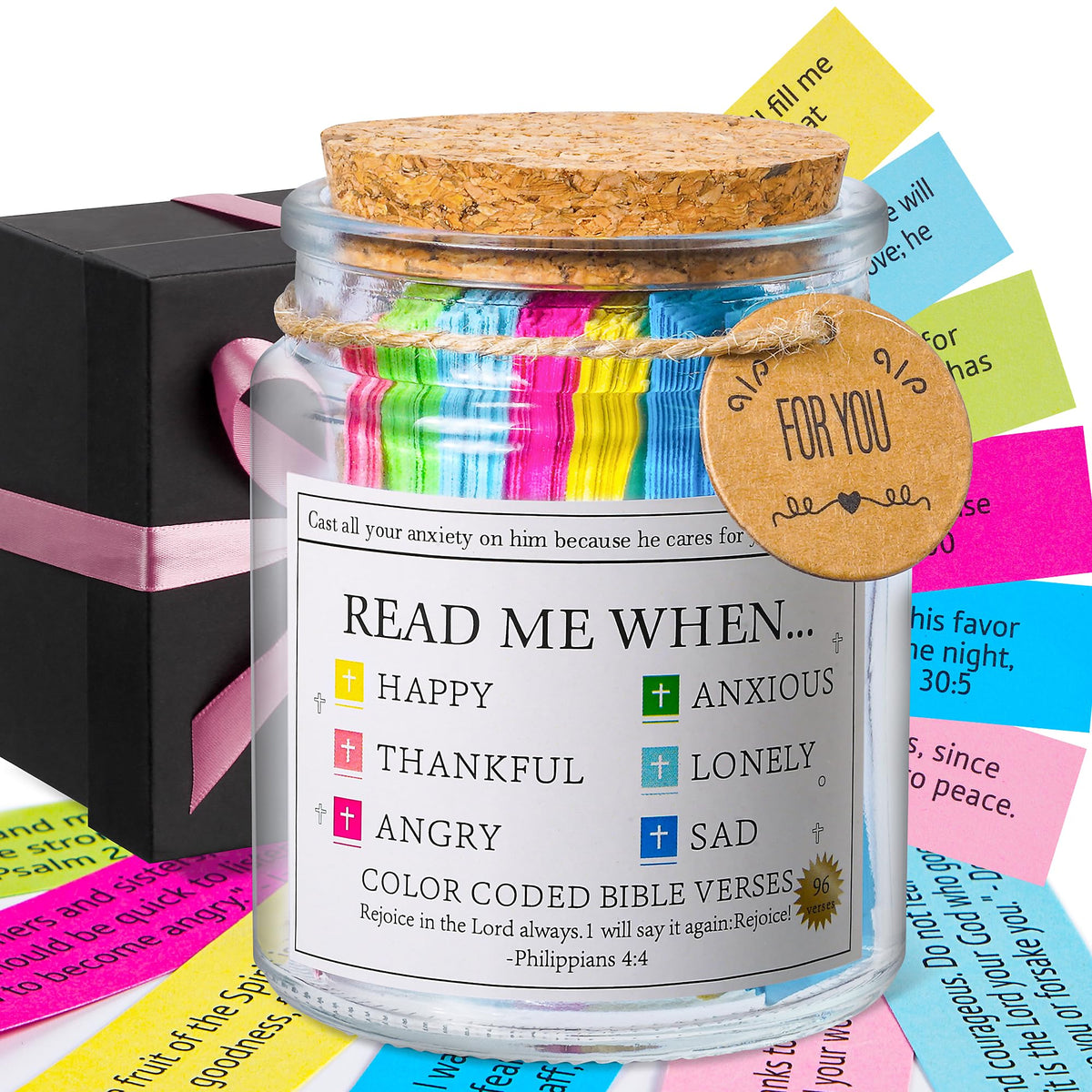 Bible Verse Jar, Read Me When Bible Verses Jar for Daily Encouragement - Christian Gifts for Women, Mothers Day Gift for Mom, Birthday Gifts, Graduation Gift, Prayer Cards With A 48-inch Ribbon Bow