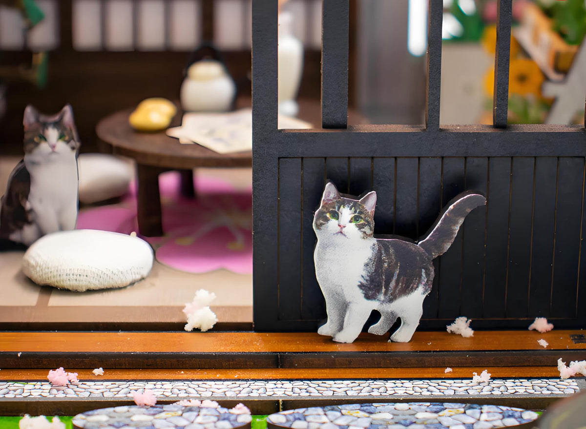 Ahilmrn DIY Miniature Dollhouse Kit Tiny 3D Wooden Puzzle Japanese Sakura Flower House with Furniture LED Light Creative Craft Gift for Adults Home Decor