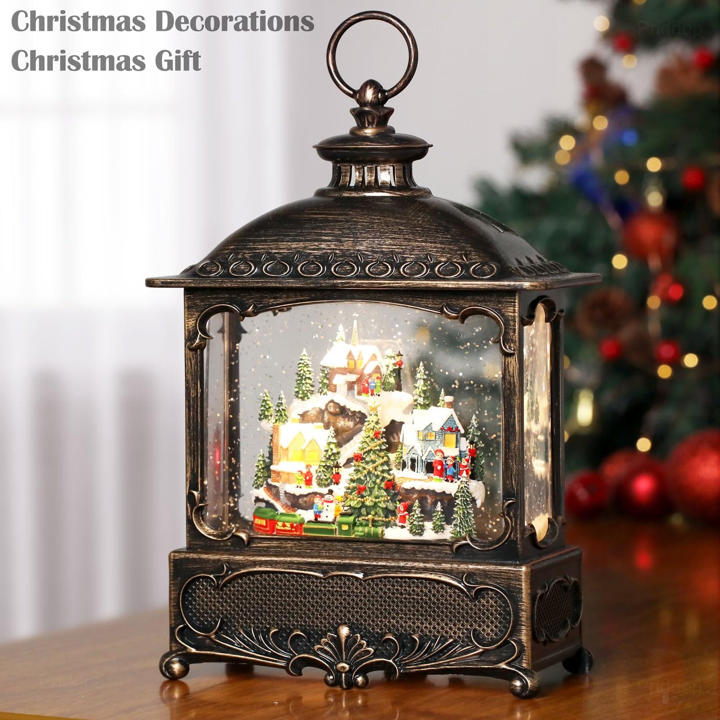 Priddop Christmas Snow Globe Lantern Christmas Decorations Gifts Snowy Village Scene Snowman Church Cabin Train Musical Glitter Snowfall USB/Battery Timer 12 inch