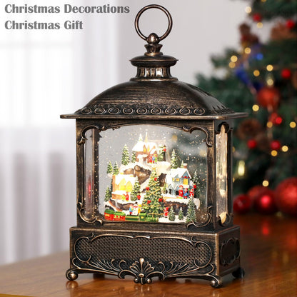 Priddop Christmas Snow Globe Lantern Christmas Decorations Gifts Snowy Village Scene Snowman Church Cabin Train Musical Glitter Snowfall USB/Battery Timer 12 inch