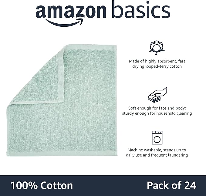 Amazon Basics Washcloth for Bathroom, 100% Cotton Extra Absorbent, Fast Drying