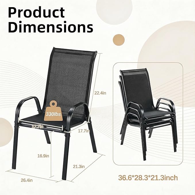 MAMIZO Patio Dining Chairs, Stackable All Weather Teslin Chair, Heavy Duty Outdoor Breathable Chairs Set, w/Armrests, Upgraded Chair FeetW/Strenthened Iron Spacers, 330 LBS (6, Black)