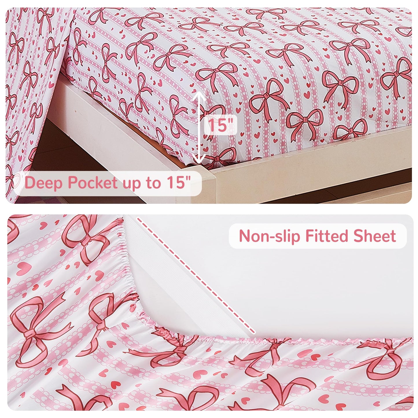 Viviland Kids Twin Bedding Sets for Girls, Soft Twin Comforter Set with Sheets, 5 Pieces Microfiber Bed in a Bag, Pink Bow