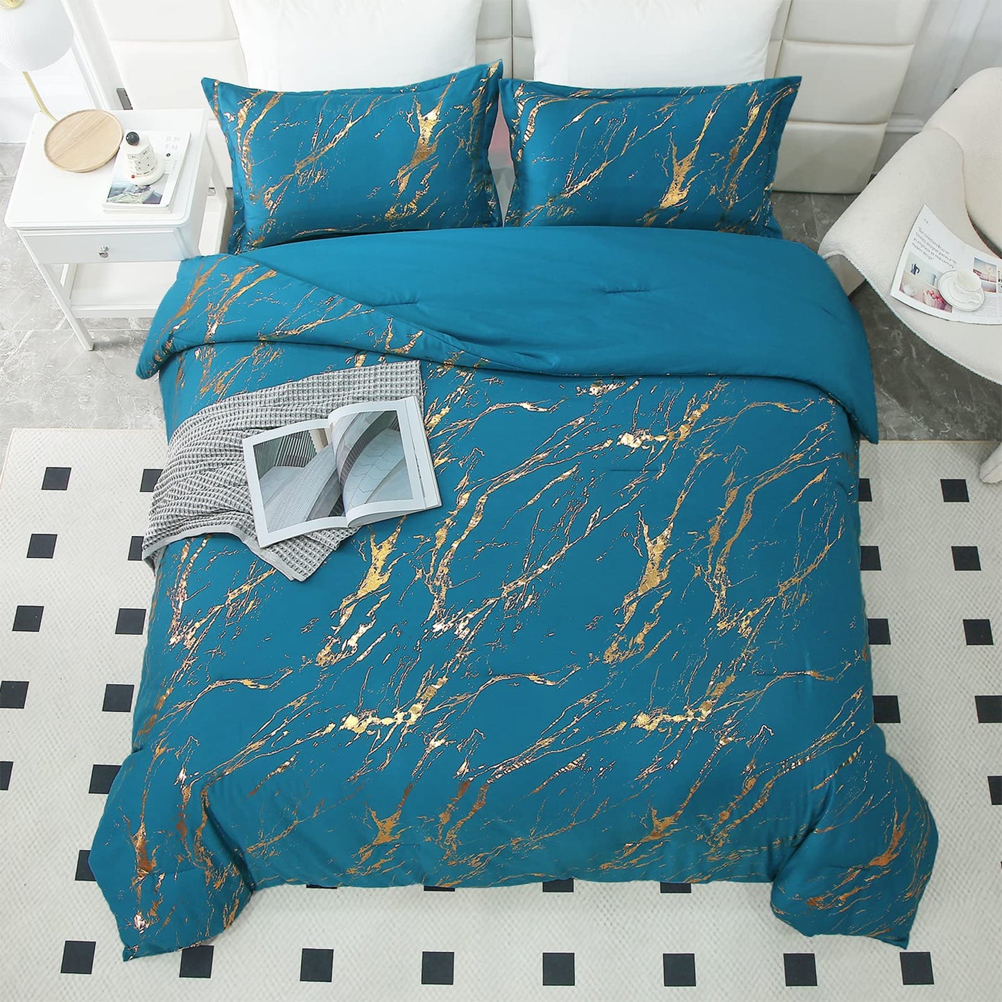 WONGS BEDDING Teal Gold Metallic Marble Comforter Set Queen Foil Print Glitter Bedding Sets with 2 Pillowcases for All Seasons, Soft Microfiber Filling Bedding Duvet Set 90"x90"