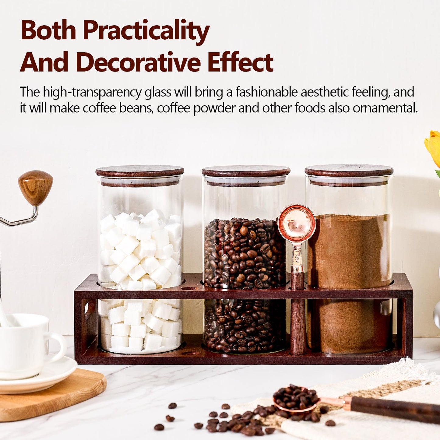 ZOMUIA Glass Coffee Containers Airtight Coffee Bean Storage Canisters with Shelf, 3Pcs 44oz Coffee Station Organizer, Kitchen Food Storage Jars for Sugar, Candy, Oats, Nuts (Retro)