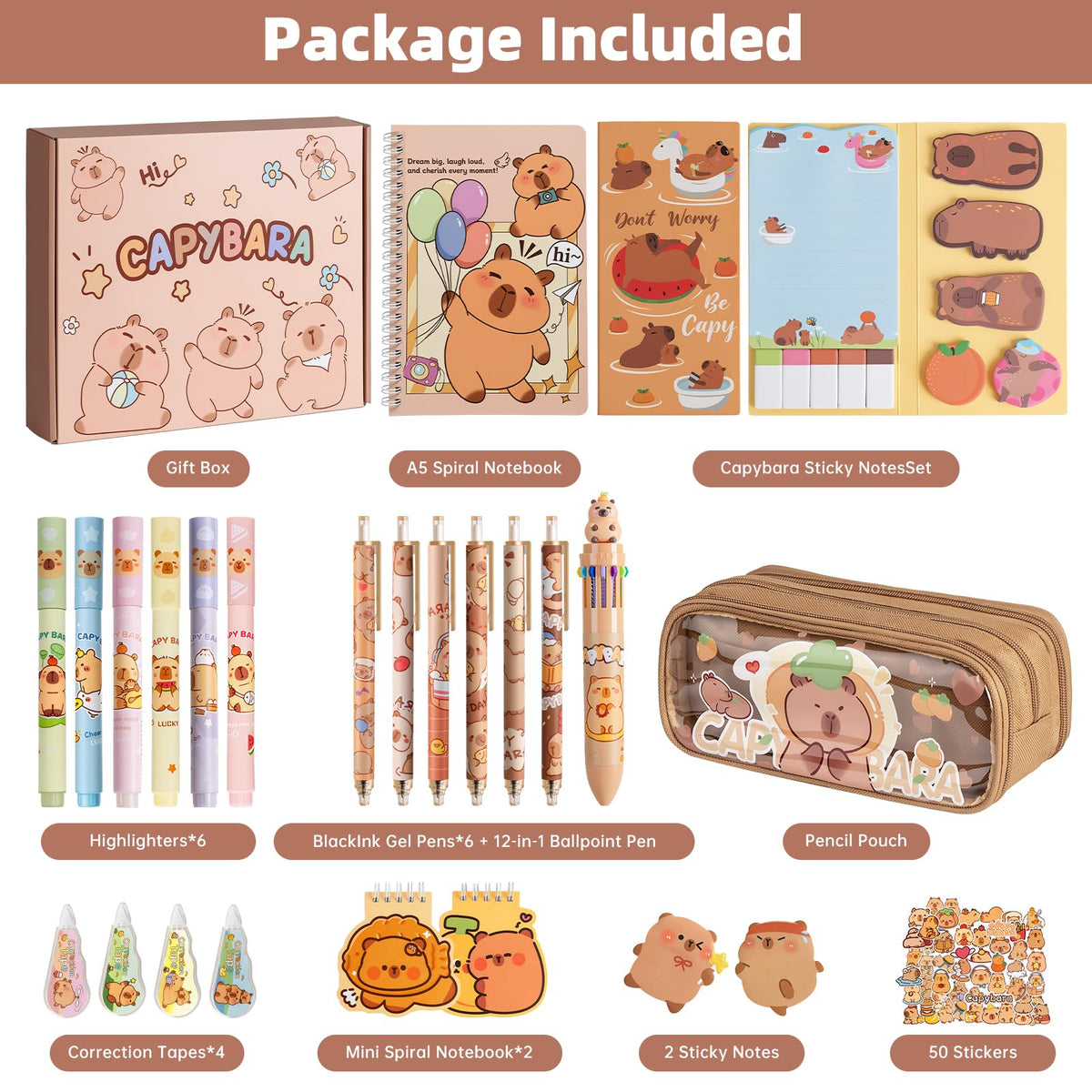 Sanfylikus Capybara Stationery Gift Set for Kids, 25PCS Cute School Supplies Kit w/Pencil Case, Notebook & Stickers, Kawaii Aesthetic Office Desk Accessories for Girls Boys Ages 5-14