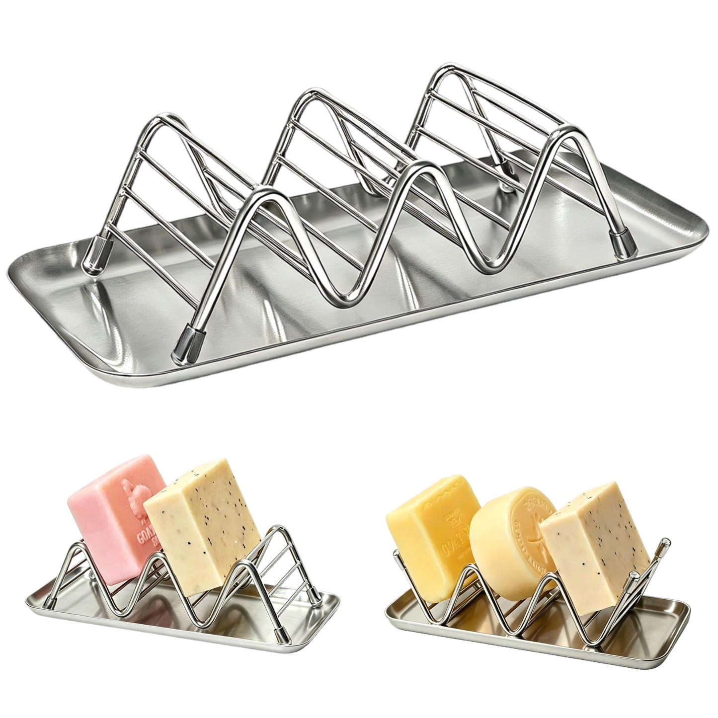 UVULAS Wavy Soap Dish, 304 Stainless Steel Soap Holder with Full 304 Stainless Steel Removable Drip Tray, Self Draining Rustproof Quick Dry Bar Soap Holder for Shower Bathroom Kitchen, 1 Pack