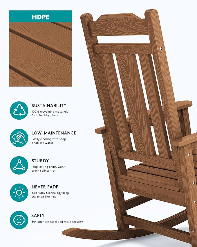 SERWALL Oversized Rocking Chair Outdoor, HDPE Outdoor Rocking Chair, Brown