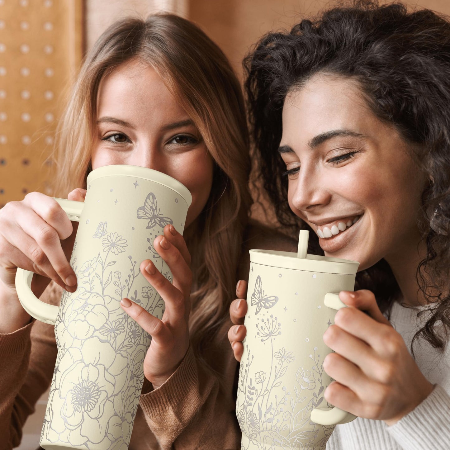 SANDJEST Floral Tumbler with Handle 40oz, Stainless Steel Insulated Tumblers Coffee Travel Mug Cup with Straw, Flower Coffee Cup Gifts for Women Girls, Gift for Her on Christmas Birthday Mothers Day