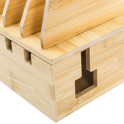 WRINGKIT Bamboo Charging Station for Multiple Devices, Desktop Charging Organizer with Removable Divider Slots, Docking Stations Stand for 6 Devices, Compatible with Tablets, iPads, Cell Phone, Laptop