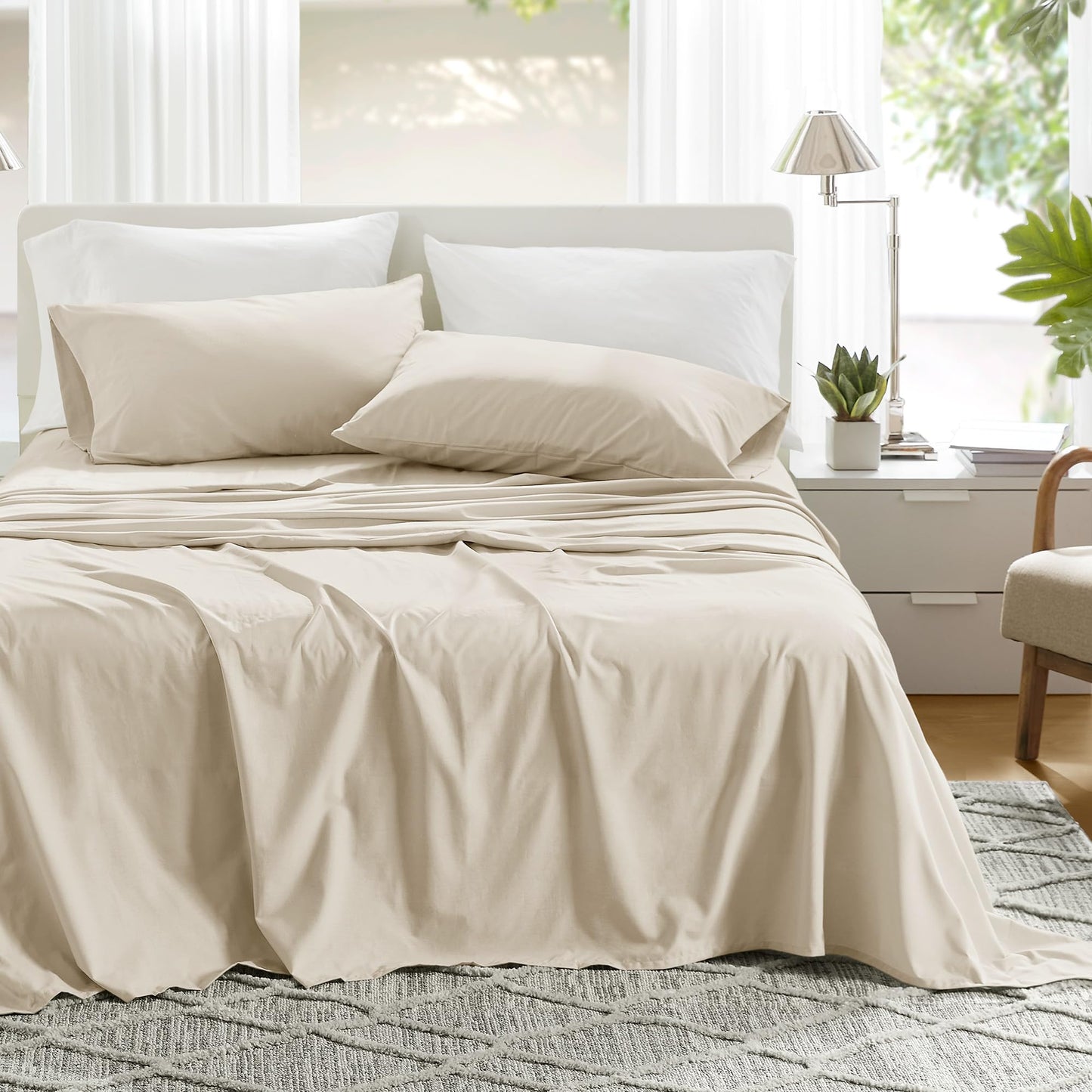 Comfort Spaces 100% Cotton Sheets Twin, Breathable & Ultra Soft Cotton Sheets, Naturally Cool Cotton Bed Sheets with 12" Elastic Pocket Fits up to 14" Mattress, All Seasons Sheet Set, Cream 3 Piece