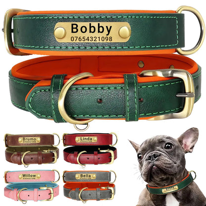 SEOUGEE Genuine Leather Dog Collar Personalised, Soft Padded Leather Dog Collars Heavy Duty with Custom Engraved Name Plate Adjustable for Small Medium Large Dogs (L, Green 35-45cm)
