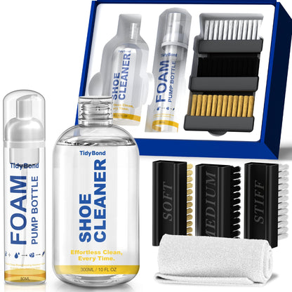 Tidybond Shoe Cleaner Kit for Sneakers – 10.6oz Premium Shoe Cleaning Set with 3 Brushes & Microfiber Towel, Sneaker Cleaner for White Shoes, Boots, Leather, Suede, Canvas, Mesh, PU & Fabric