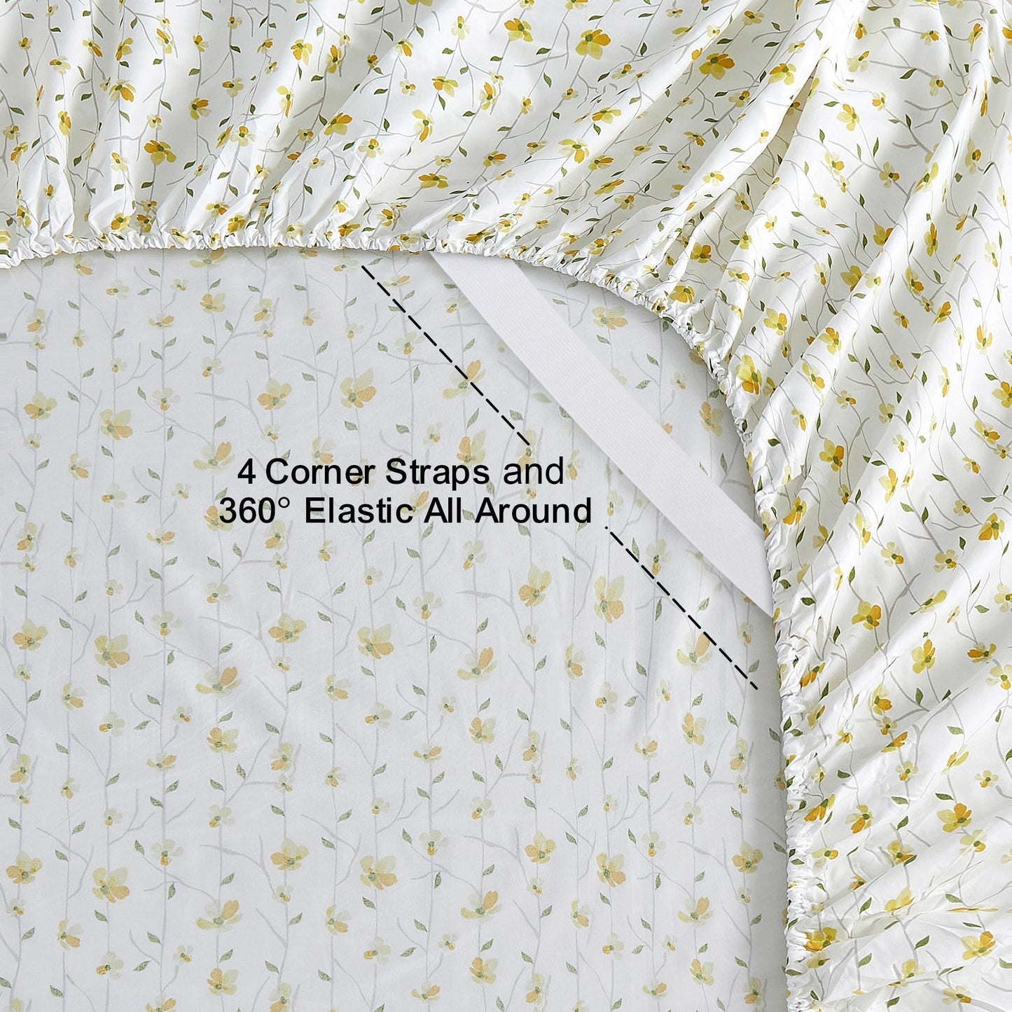 Softan King Sheet Set Yellow Floral Bed Sheets Printed Sheets - 4 Piece Soft Microfiber Patterned Fitted Sheets King with 15" Deep Pocket and Corner Straps, Cute Yellow Flower Sheets & Pillowcase Set