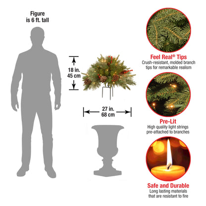 National Tree Company 18 in Pre-Lit Colonial Fir Artificial Christmas Urn Filler, Christmas Decoration with Pinecones, Red Berries, 35 Clear LED Lights, 167 Tips, Timer, Tripod Stake, Green