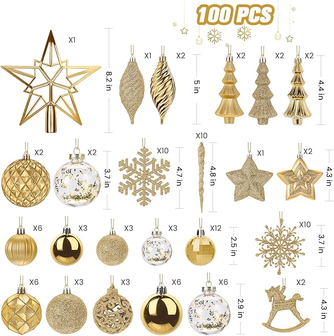 SHareconn 100pcs Christmas Tree Decorations Ornaments Set, Shatterproof Plastic Baubles Decorative Balls for Xmas Tree Decor Holiday Wedding Party, Gold