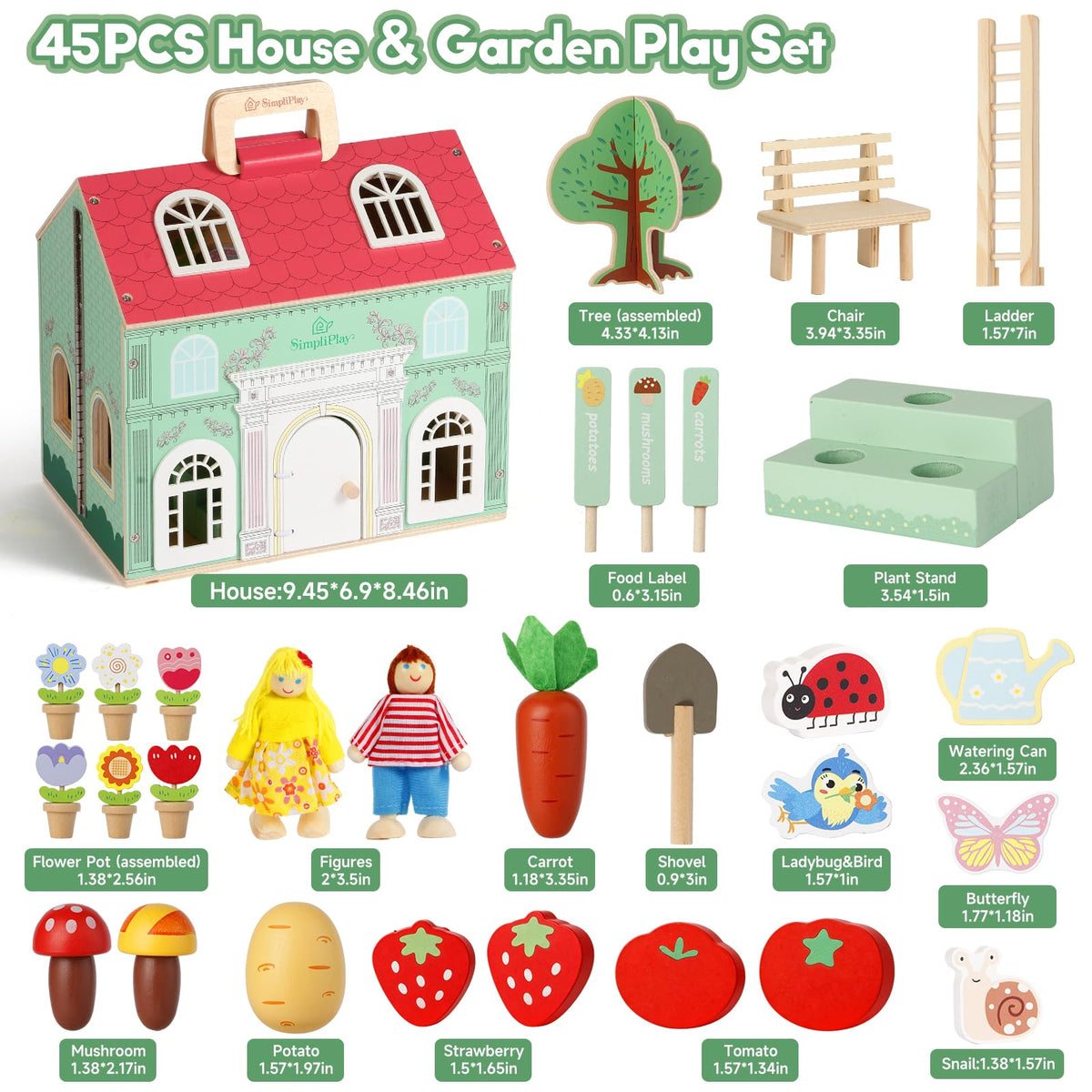 SIMPLIPLAY Montessori Wooden Garden Toys, 45pcs Wooden Dollhouse Kit