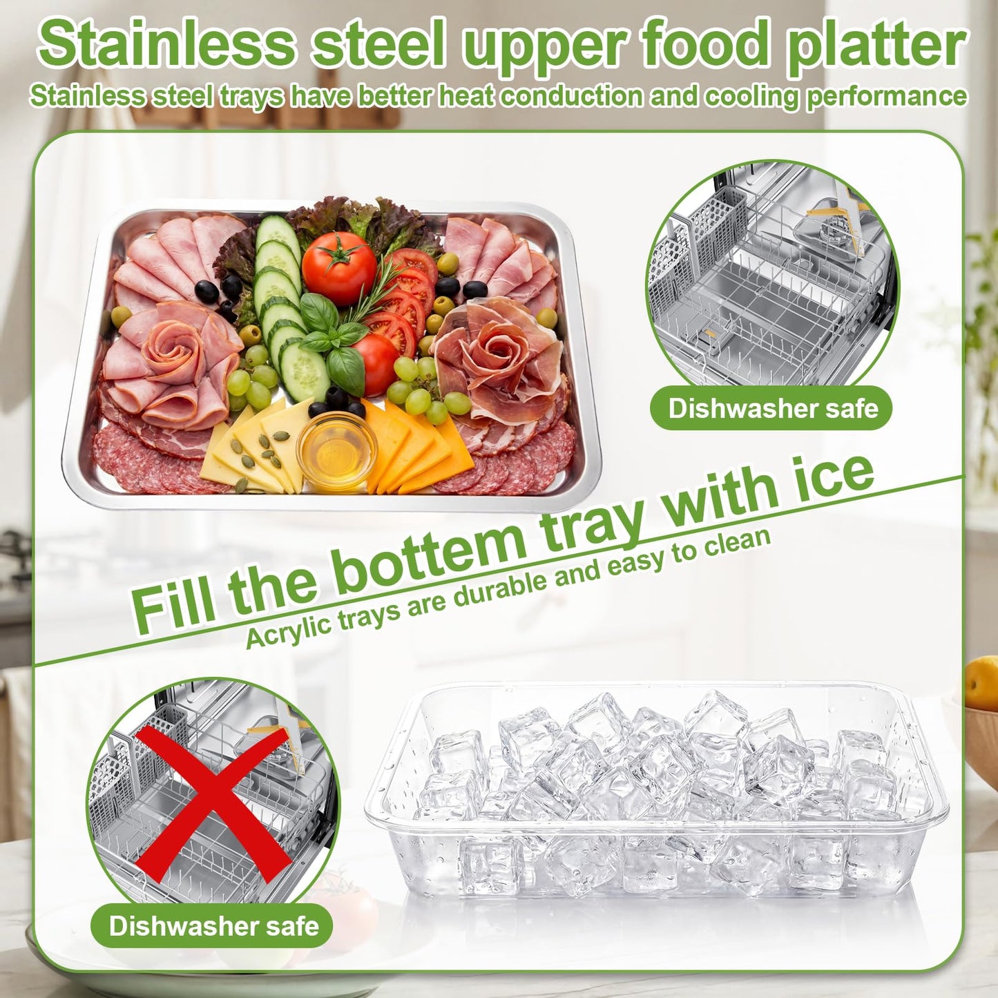 FoldTier 3 Set 14.2" Chilled Serving Trays for Parties with Compartments Stainless Steel Ice Chilled Party Platter Charcuterie Serving Board Cold Dish Dip for Fruits Veggies Shrimp Cocktail