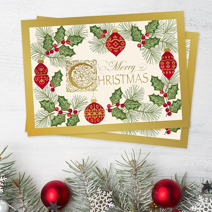 Masterpiece Antique Ornament Christmas Cards / 15 Festive Evergreen Holly Holiday Card Set With Foil Accents And White Envelopes / 5 5/8" x 7 7/8" Winter Greeting Cards With Inside Verse