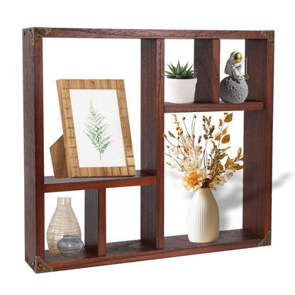 MITREL 17.7x15.7-Inch Shadow Box Display Shelf，6-Slot Rustic Floating Shelves，Larger Wood Trinket Shelf Freestanding Farmhouse Curio Shelf(6C-Rustic Walnut)