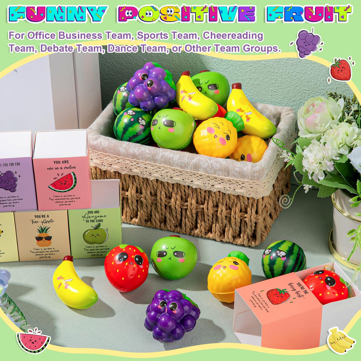 JellyArch Funny Dancing Fruit Inspirational Gifts for Employee Cute Positive Work Stress Relief Gifts for Coworker Fruit Stress Balls with Affirmation Motivational Pun Box for Staff Student(24 Sets)