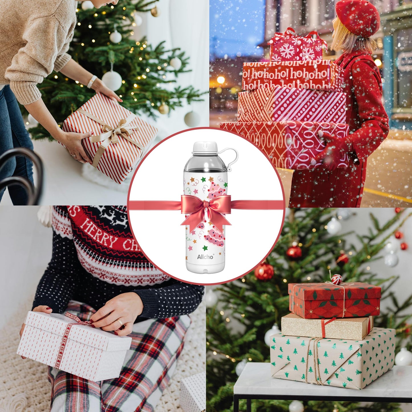 Allcho Christmas Gifts for Women Mom Daughters, Christmas Travel Coffee Tumbler for Friends Girls, Insulated Water Bottle, 18 oz Stainless Steel Water Bottles, 2 Lids, Available Gift Wrapping