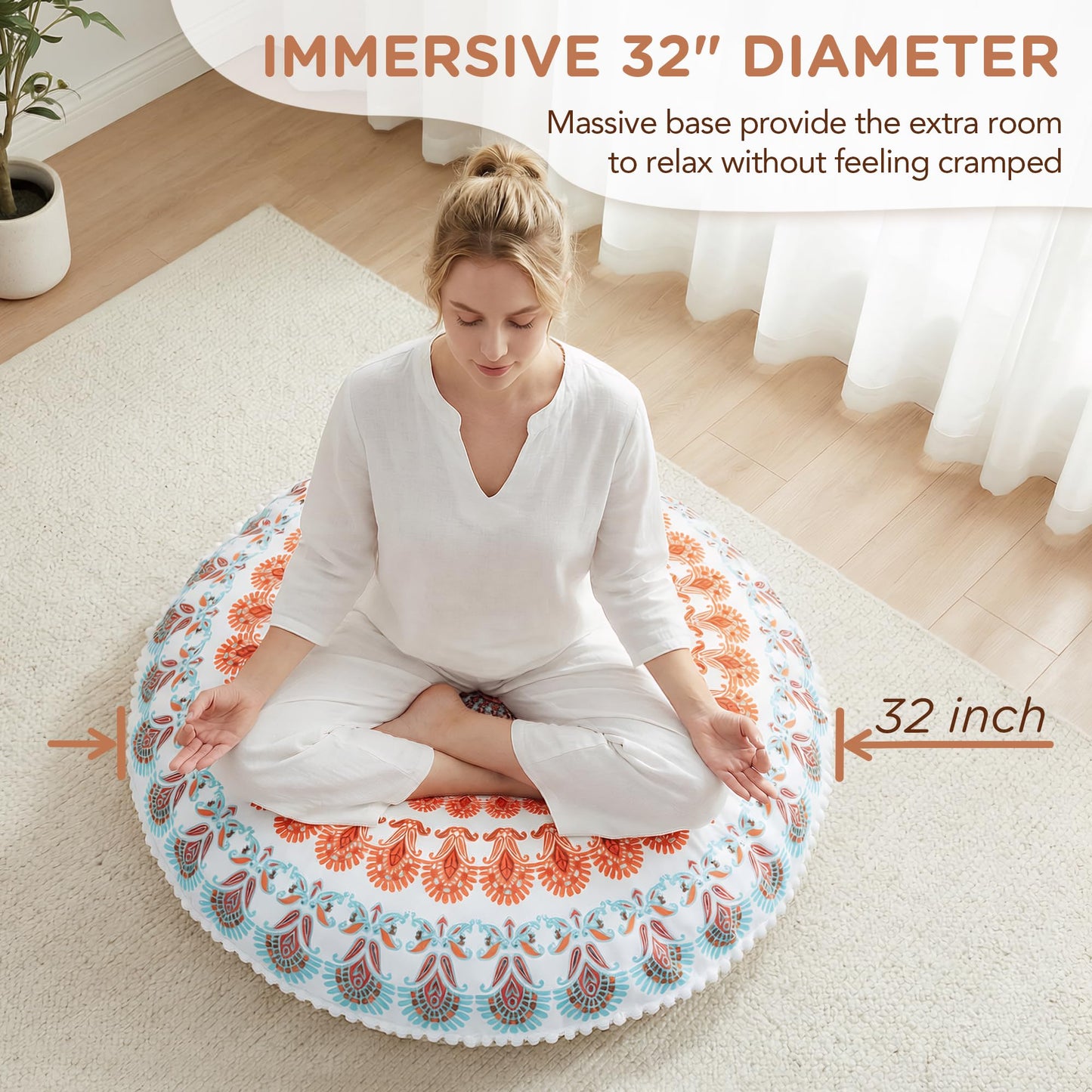 Codi Floor Pillows for Adults & Teens Set of 2, Large Boho Meditation Cushions with Memory Foam, Round Mandala Seating for Yoga, Home Office, Dorm Room, Washable, 32 Inch, Coral