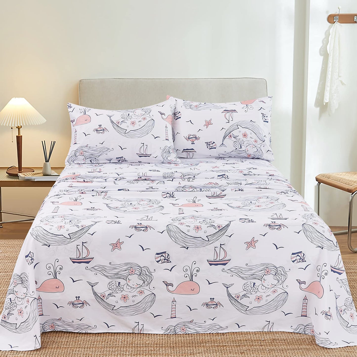 JSD Mermaid Girls Sheet Set Twin Size, 3 Piece Ocean Theme Microfiber Kids Bed Sheets Deep Pocket