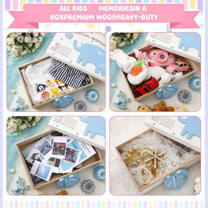 Soaoo 3D Wooden Baby Boys Memories Keepsake Box Baby Girls Elephant First Keepsake Box New Parent Newborn Baptismal Birthday Gift for Mementos 11.81'' x 7.87'' x 3.94''(Blue)