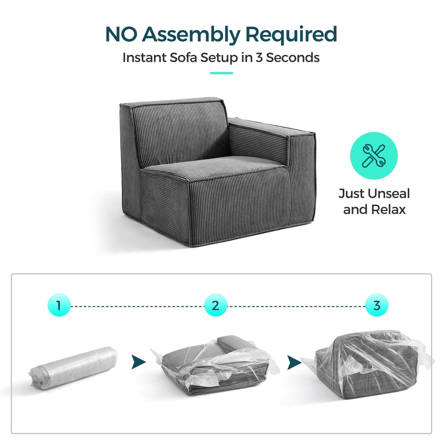 LINSY HOME Modular Sectional Sofa, 134" Boneless Couch L Shaped 4-Seat Sofa with Movable Ottoman, Corduroy Sectional Cloud Couches for Living Room, No Assembly Required, Bluish Grey