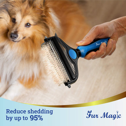 Fur Magic Deshedding and Dematting Comb Double Sided Undercoat Rake Pet Grooming Brush Removing Mats, Knots & Tangles for Dogs and Cats with Long and Medium Hair, Blue