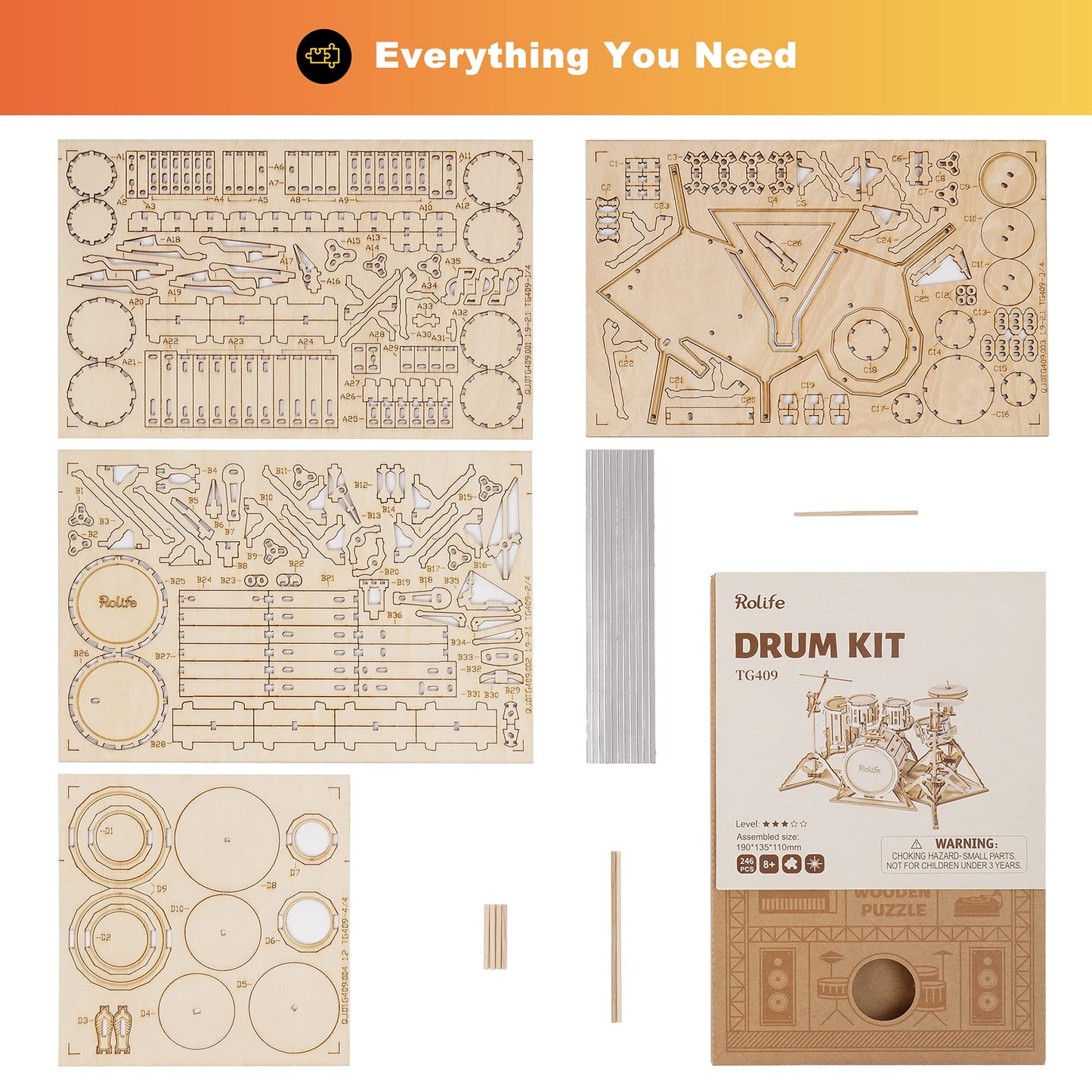 Rolife 3D Wooden Puzzles Drum kit Craft Model Kits for Adults to Build Musical Instruments Birthday Gift for Family and Friends 246 Pieces, Drum kit