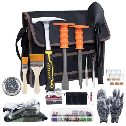 DigNew Geology Rock Pick Hammer Kit – 25PCS Rock Hammer Kit, Complete Geology Kit with Chisels,Folding Shovel, Safety Gear,Gold Panning Kit Accessories, Rock Hounding Equipment for Outdoor Exploration