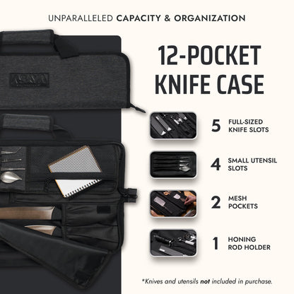 Asaya Chef Knife Roll Bag - 12-Pocket Chefs Case for Kitchen Knives and Utensils, Lightweight Stain-Resistant Waxed Nylon Chef Knife Bag - Knives Not Included (Black)