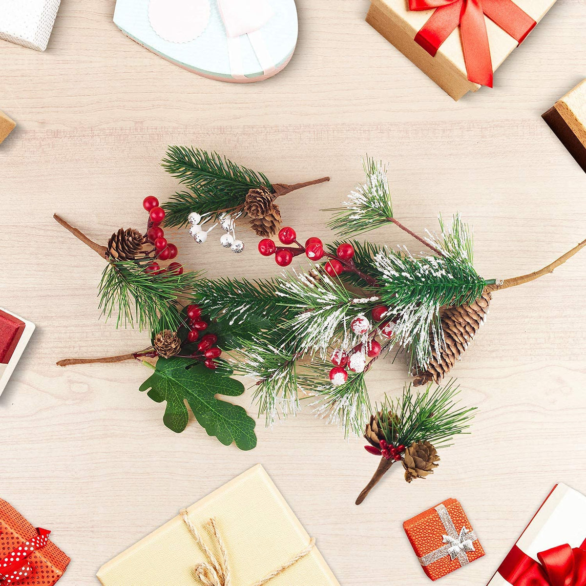 Yixiang 12Pack Artificial Christmas Picks Assorted Red Berry Picks Stems Faux Pine Picks Spray with Pinecones Apples Holly Leaves for Christmas Floral Arrangement Wreath Winter Holiday Décor