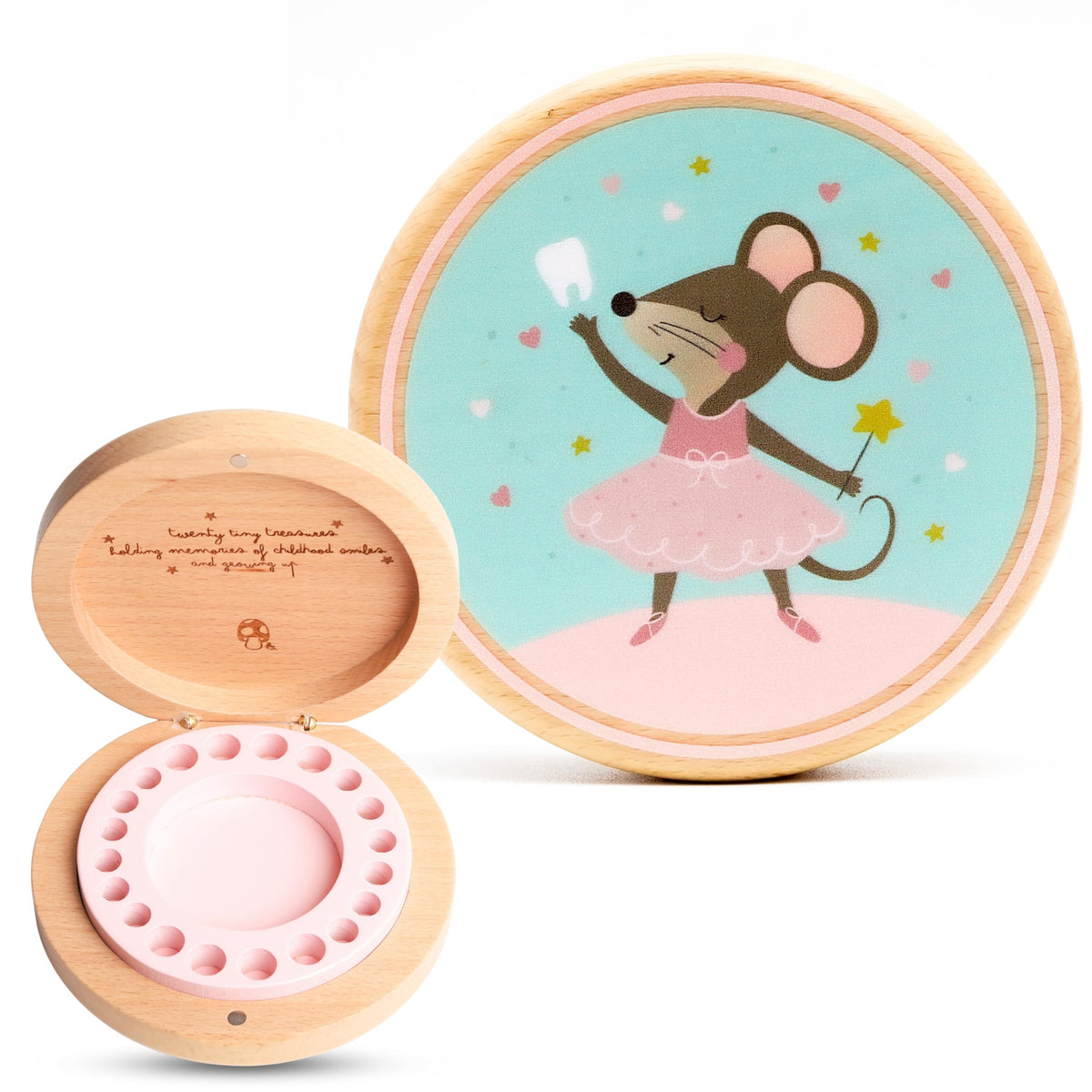 Little Shroomie Baby Tooth Keepsake Box – Wooden Beechwood Tooth Fairy Holder & Memory Capsule for First Tooth, Curl & Umbilical Cord – Unisex Boys & Girls Shower Gift Registry Must-Have (Pink)