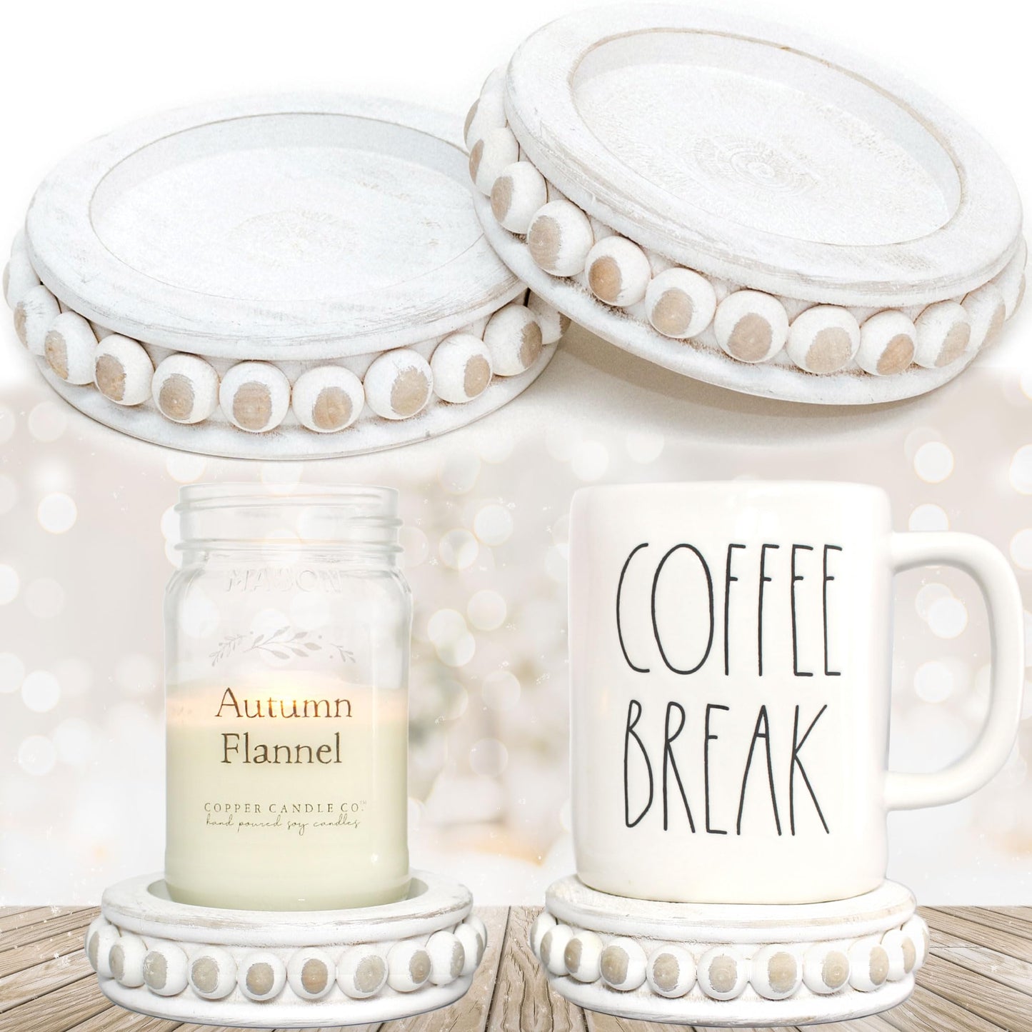 Felt Creative Home Goods Set of 2 Round Rustic Wood Beaded Risers - Sturdy 2-Sided Stackable Decor Pedestal Stands for Tiered Tray, Candle, Mug Display (Rustic White, 5 inch)