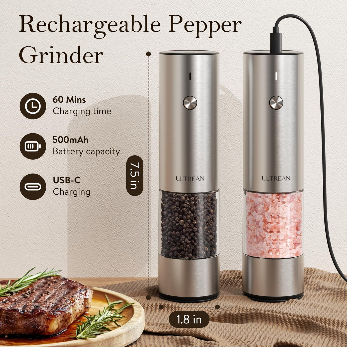 Ultrean Salt and Pepper Grinder Set, Rechargeable Salt and Pepper Shakers, 6 Adjustable Coarseness, LED Light, Kitchen Gadget Cooking Gifts Valentines Day Gifts for Him Her Mom Dad, Stainless Steel
