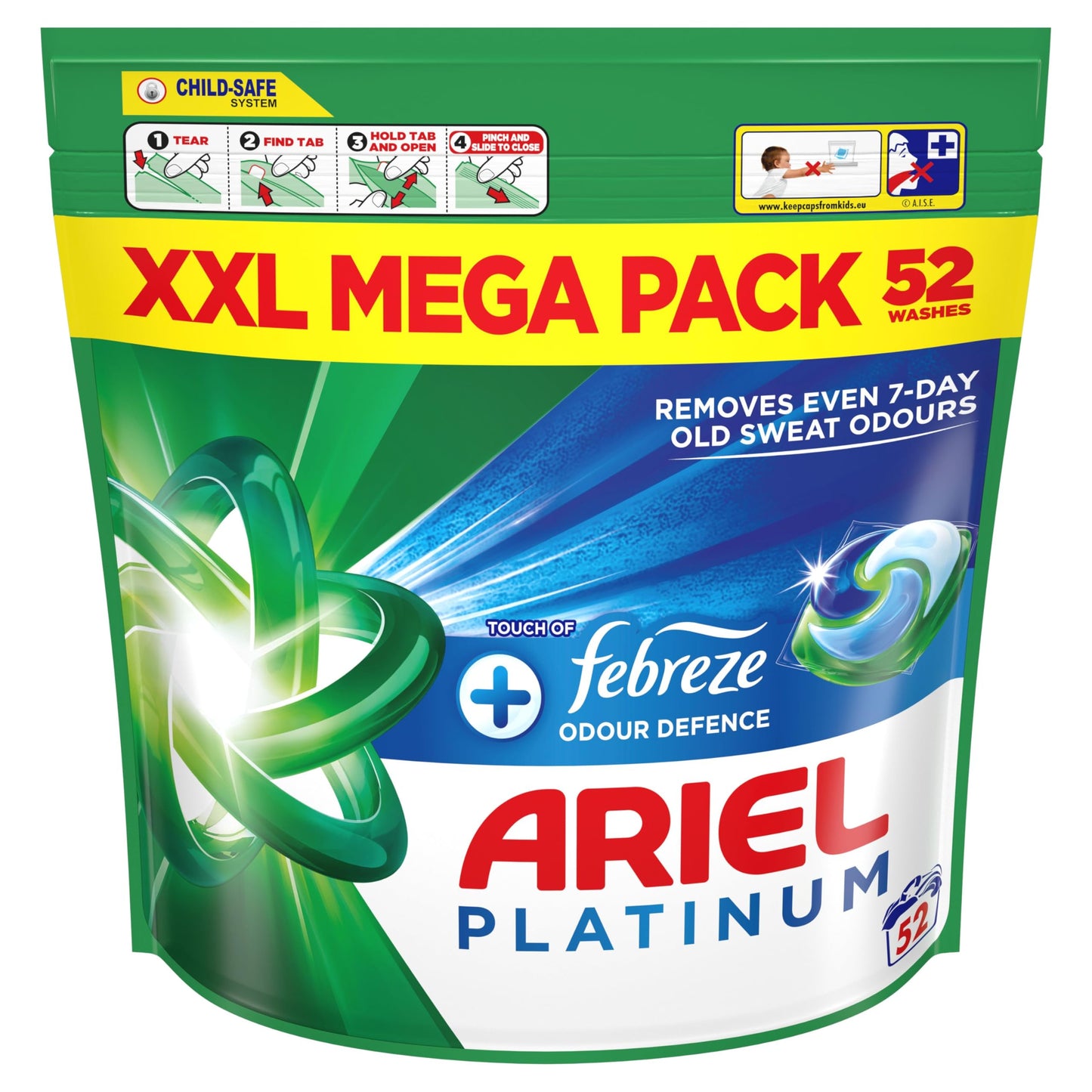 Ariel Platinum PODS, Washing Liquid Laundry Detergent Capsules 52 Washes, +Touch Of Febreze Odour Defencel, Removes 7-old sweat odours (Packaging may vary)