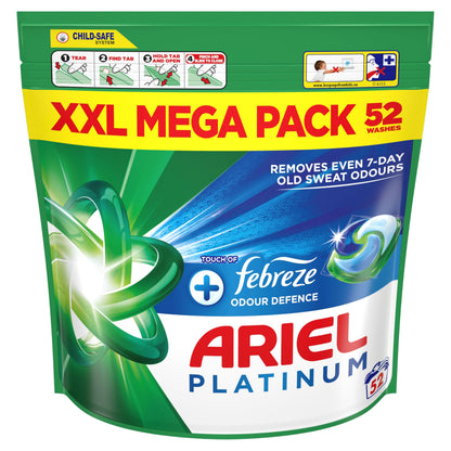 Ariel Platinum PODS, Washing Liquid Laundry Detergent Capsules 52 Washes, +Touch Of Febreze Odour Defencel, Removes 7-old sweat odours (Packaging may vary)