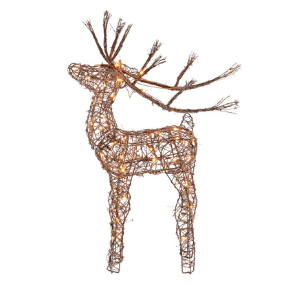 Alpine Corporation 35" Tall Outdoor Lighted Rattan Reindeer Christmas Yard Decoration with 60 Warm White LED Lights for Lawn Display, Brown