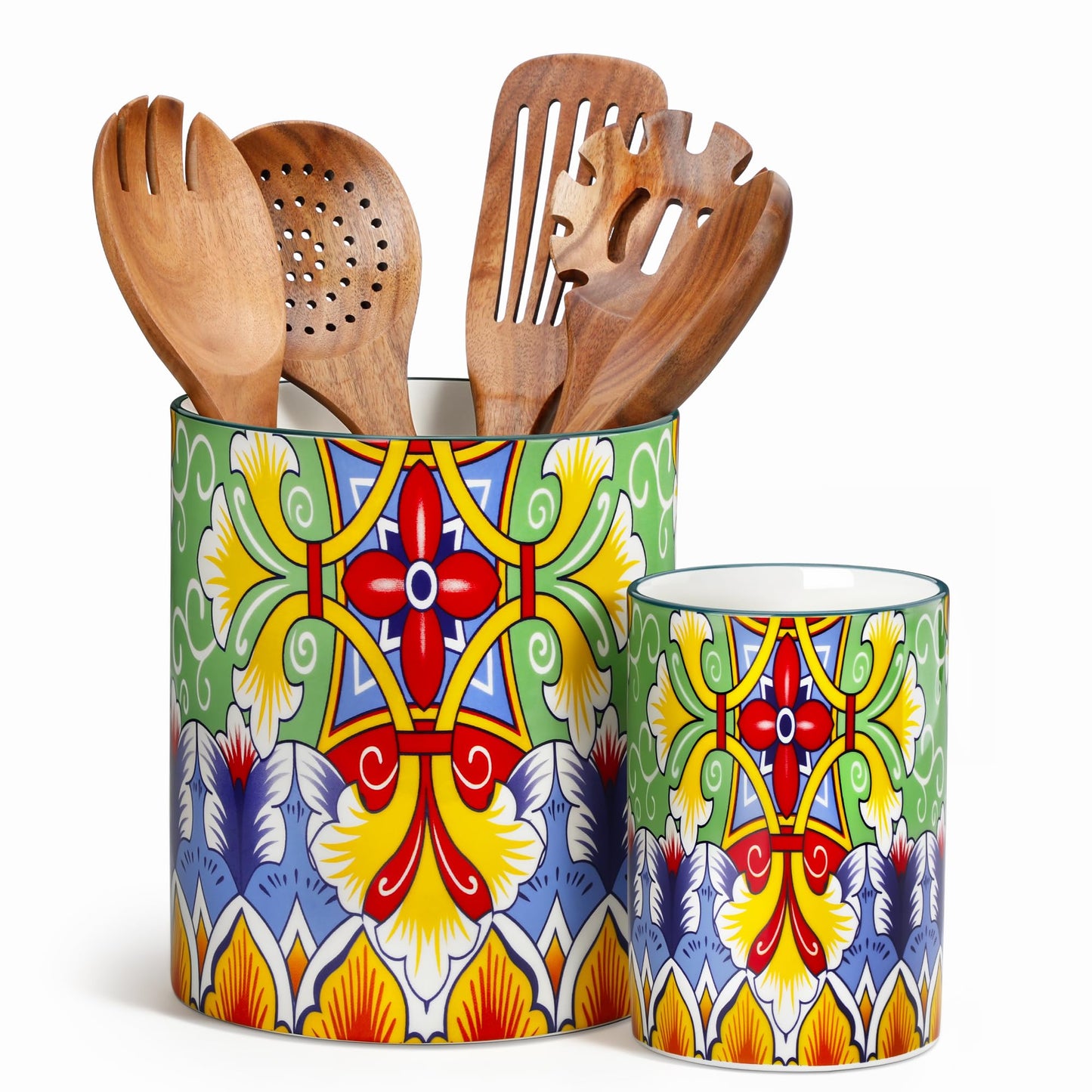 vancasso SIMI Utensil Holder, 7.3"+5.5" Porcelain Kitchen Utensil Holder for Countertop, Bohemian Kitchen Utensil Organizer for Spatulas, Spoons, Ladles, Decorative Counter Utensil Crock, Golden Bloom