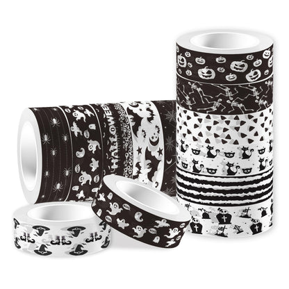 GLKTOPO 12 Rolls Halloween Theme Washi Tapes Pumpkin Spider Pattern Decorative Tape Black and White Masking Tape for Halloween Scrapbook Journal DIY Craft Gift Wrapping, 16.4Ft