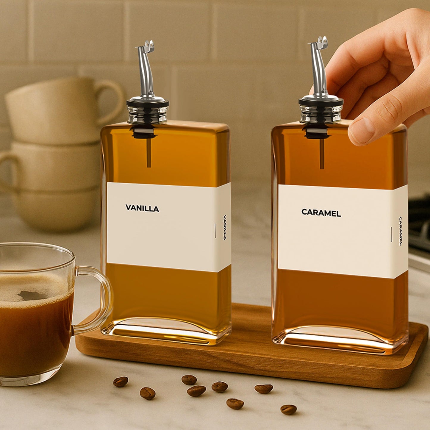 Spaceneat Olive Oil Dispenser Bottle - Includes 44 Kitchen Essential Labels - Cooking Oil Bottles for Kitchen, Coffee Syrup Dispenser - Pourer Spout with 11.8 fl oz Glass Container Cruet - 2pcs Silver