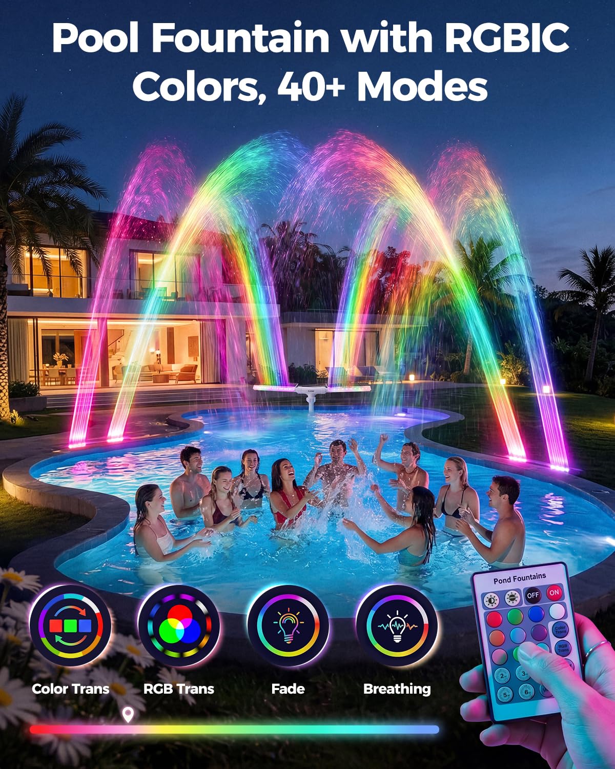 Prapark Solar Pool Fountain with Lights, Dual-Head Adjustable Spray & Timer, Remote Control, Auto Dusk Sensor, 10-Color LED Modes & 15°F Cooling Spray for Above & Inground Pools (White)