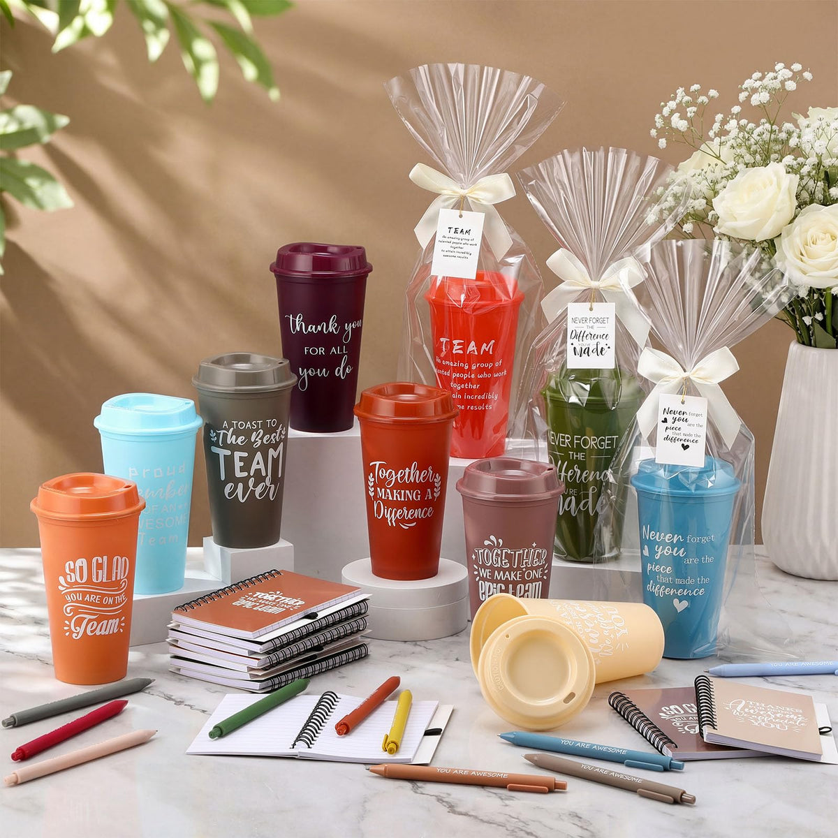 Willinglong 60 Pcs Employee Appreciation Gift Set, Including 16oz Thank You Tumblers Notebooks Ballpoint Pens and Bags Holiday Gifts for Office Colleagues, Teachers and Team(Difference,Vibrant Color)