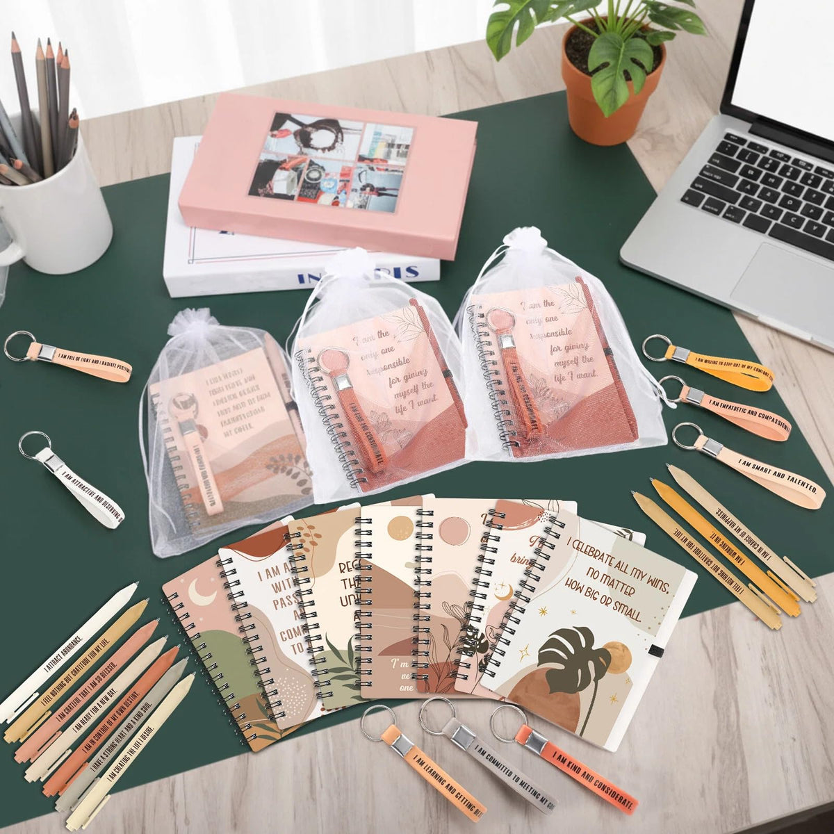 Funrous 72 Pcs/24 Set Positive Motivational Gift Set for Women Bulk Gratitude Spiral Journals Notebooks Affirmation Pens Keychains for Teacher Appreciation Coworker Nurse Adult Party Favor (Boho)